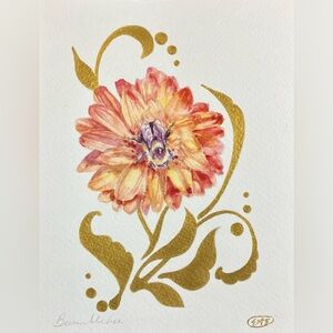 Original Watercolor Art Painting bee bumblebee Dahlia Flower Gold accent floral